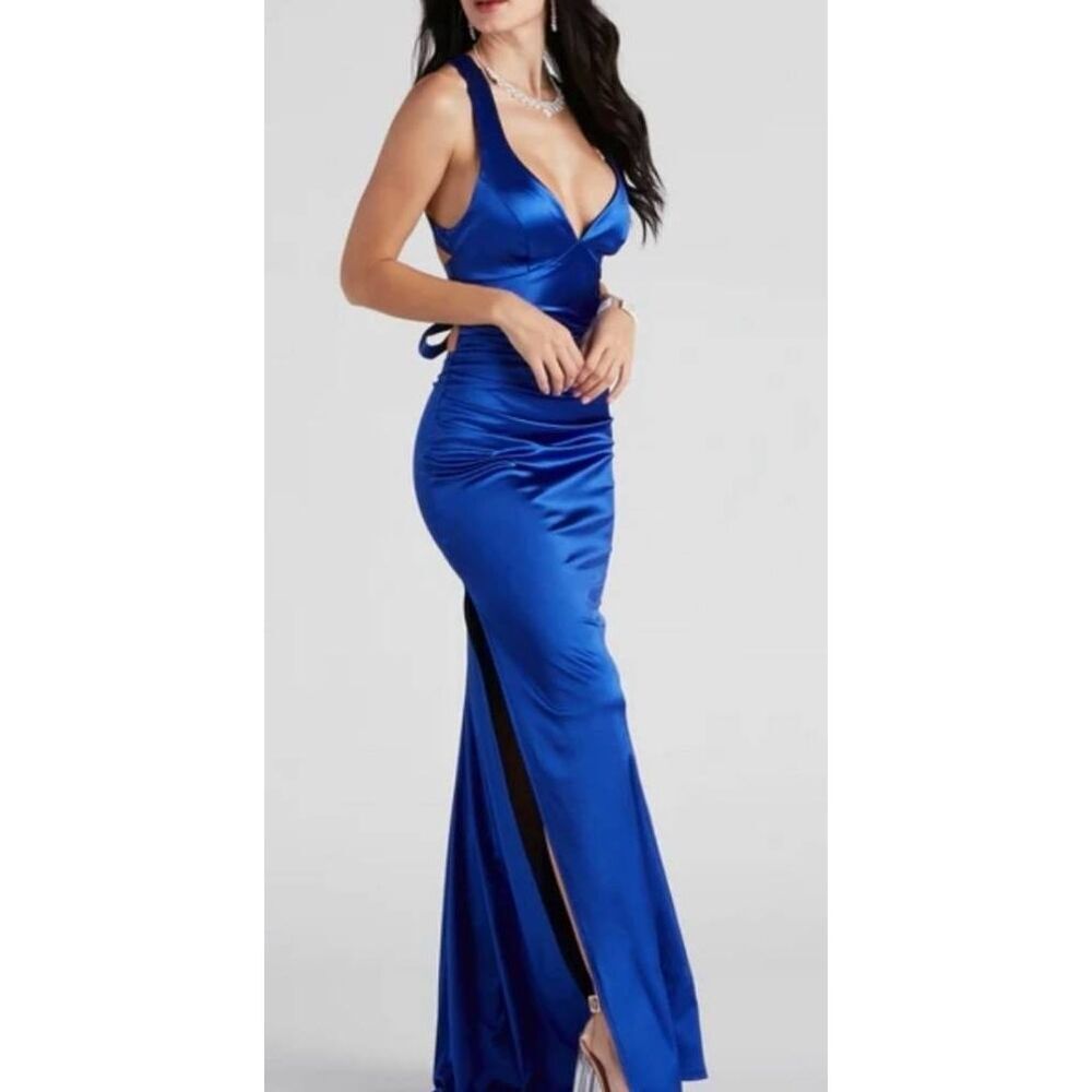 B Darlin Open Back Satin Royal Blue Size 5 Side Slit Maxi Dress NEW‎